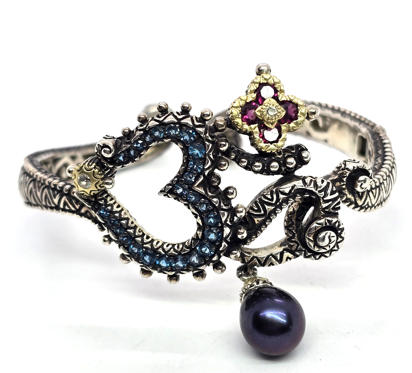 Barbara Bixby sterling silver 18K gold Om symbol cuff bracelet blue topaz garnet dark pearl