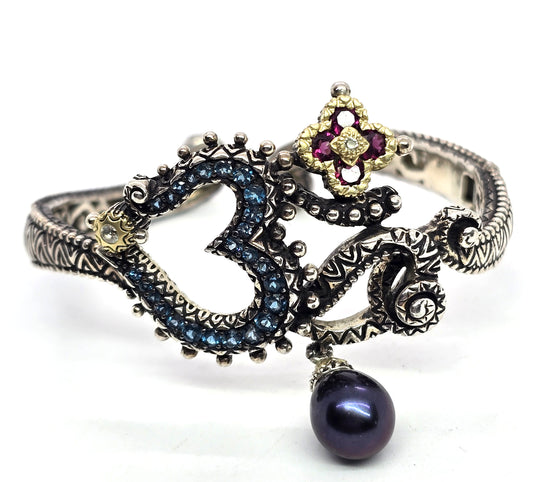 Barbara Bixby sterling silver 18K gold Om symbol cuff bracelet blue topaz garnet dark pearl