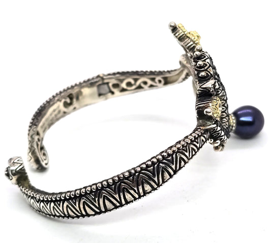 Barbara Bixby sterling silver 18K gold Om symbol cuff bracelet blue topaz garnet dark pearl
