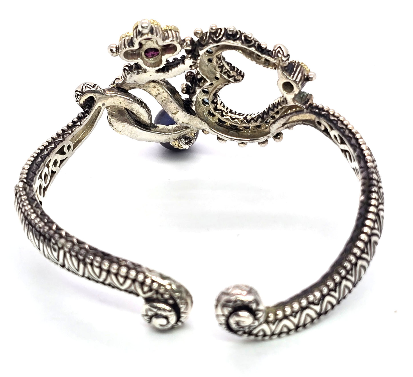 Barbara Bixby sterling silver 18K gold Om symbol cuff bracelet blue topaz garnet dark pearl