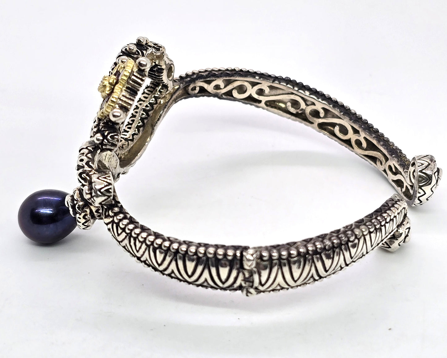 Barbara Bixby sterling silver 18K gold Om symbol cuff bracelet blue topaz garnet dark pearl