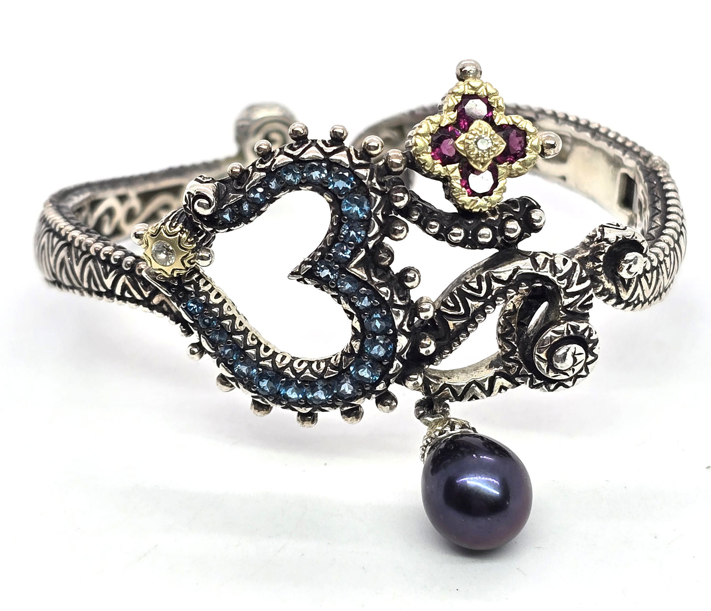 Barbara Bixby sterling silver 18K gold Om symbol cuff bracelet blue topaz garnet dark pearl