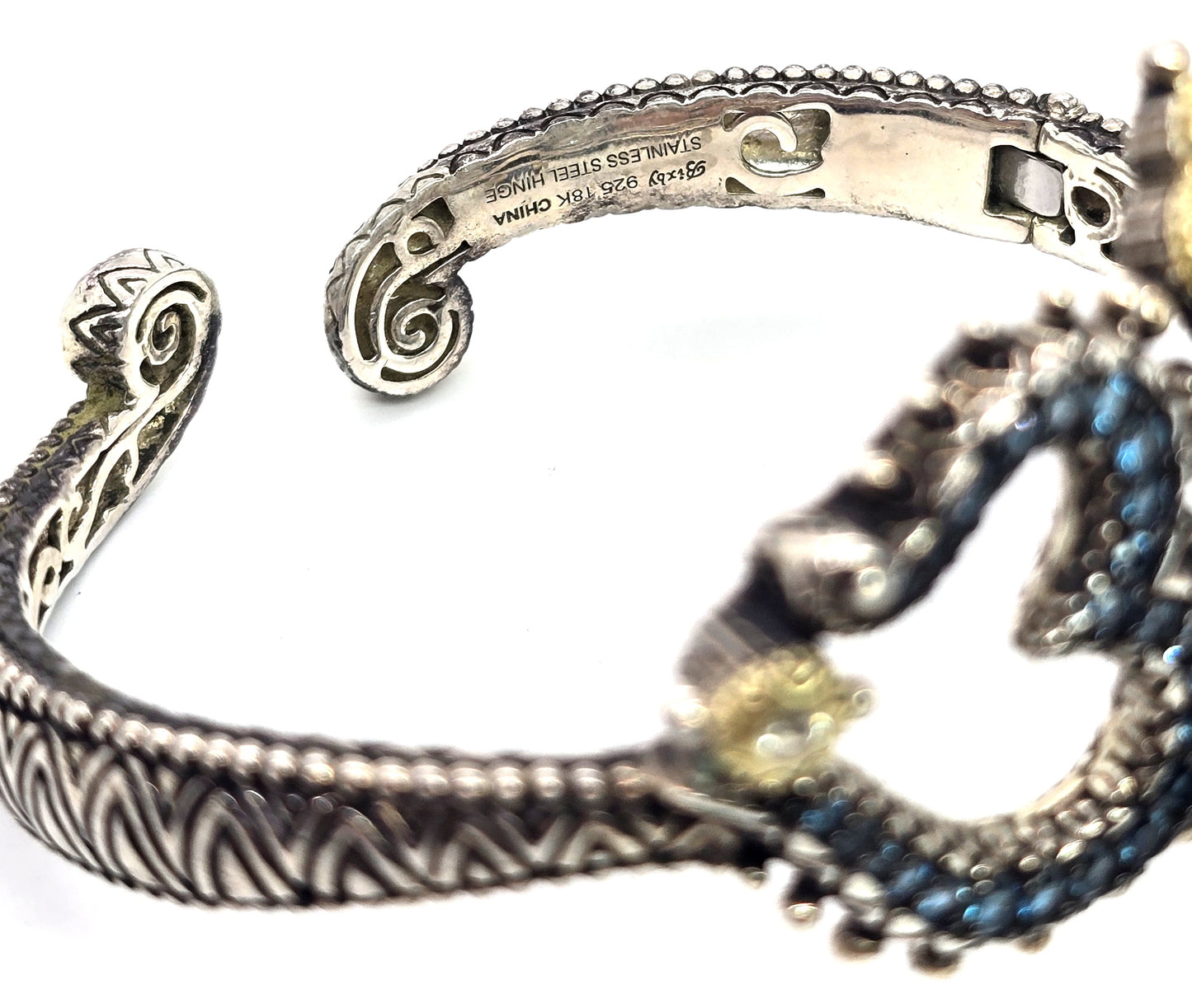Barbara Bixby sterling silver 18K gold Om symbol cuff bracelet blue topaz garnet dark pearl