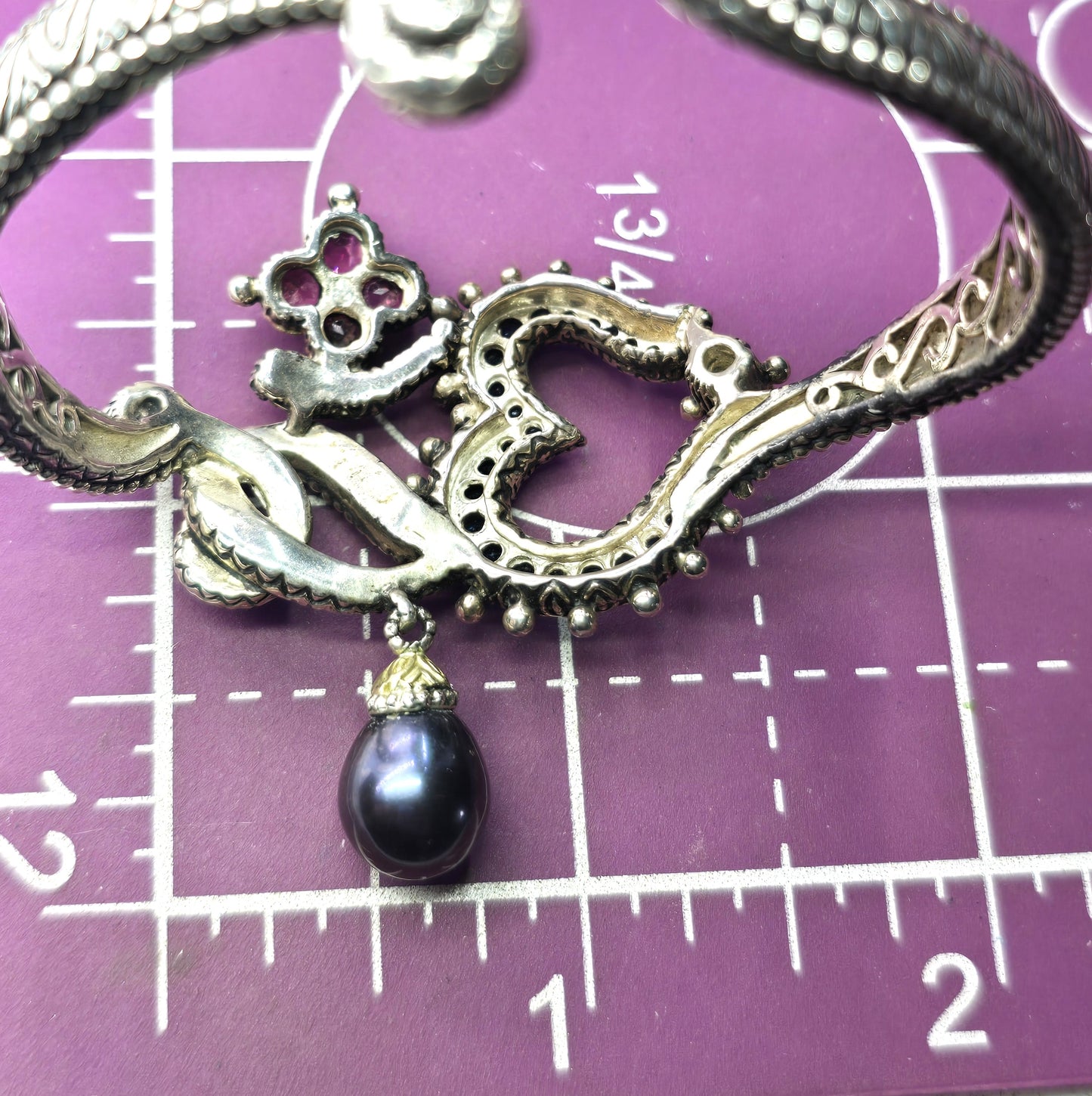 Barbara Bixby sterling silver 18K gold Om symbol cuff bracelet blue topaz garnet dark pearl