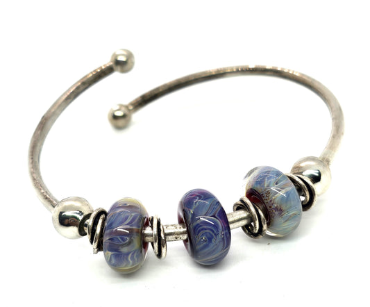 Blue artisan lamp work torsade beaded sterling silver bracelet