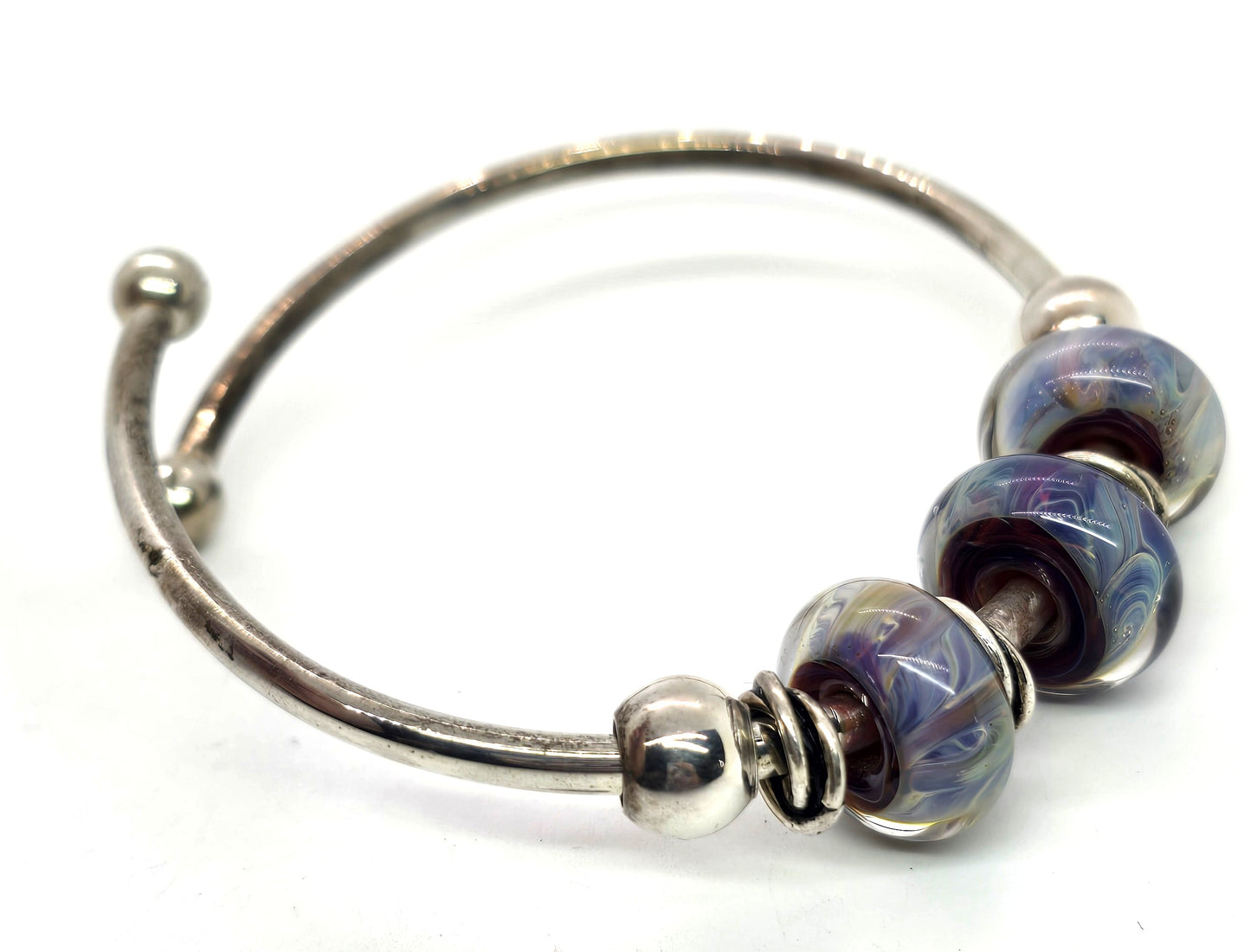 Blue artisan lamp work torsade beaded sterling silver bracelet