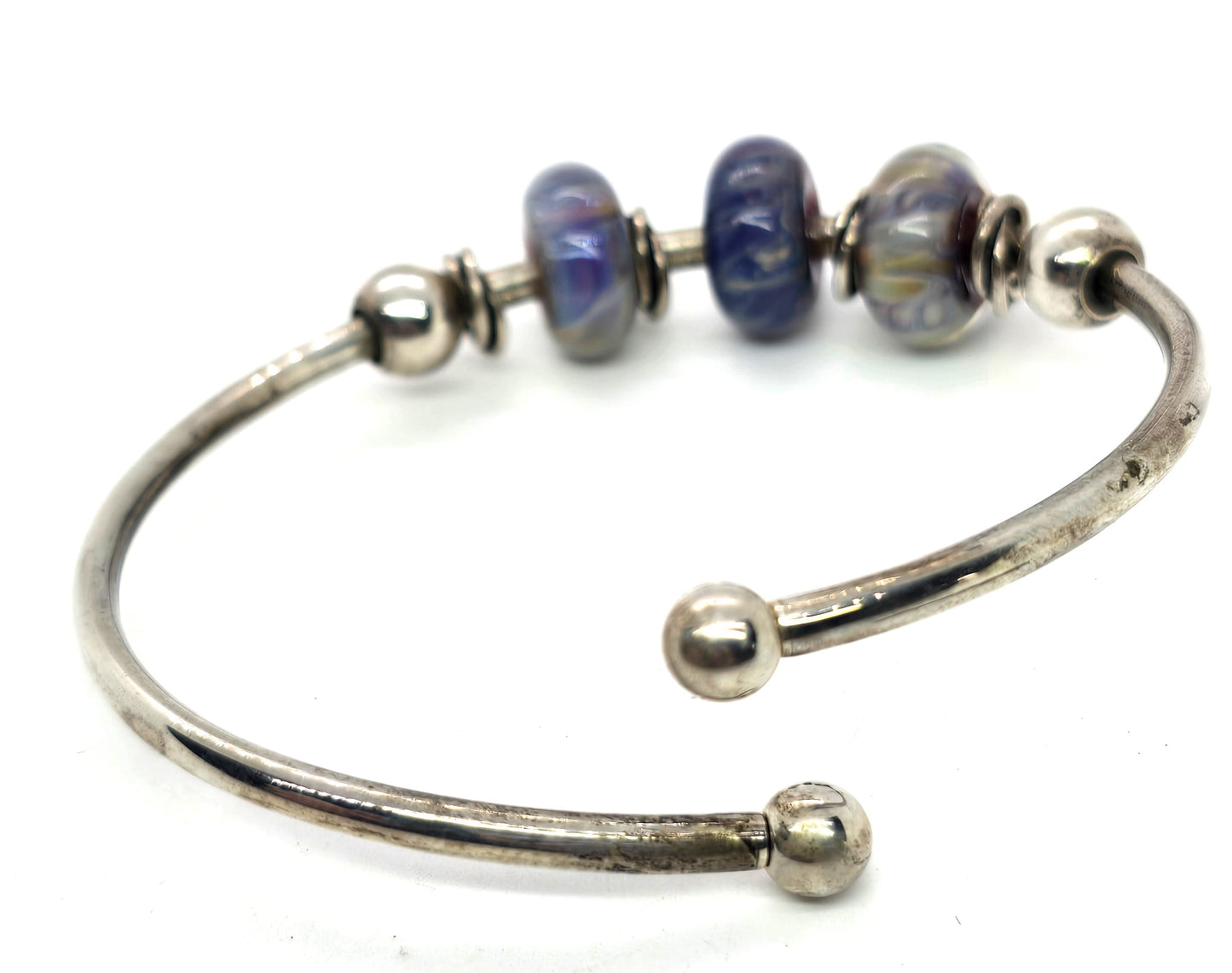 Blue artisan lamp work torsade beaded sterling silver bracelet