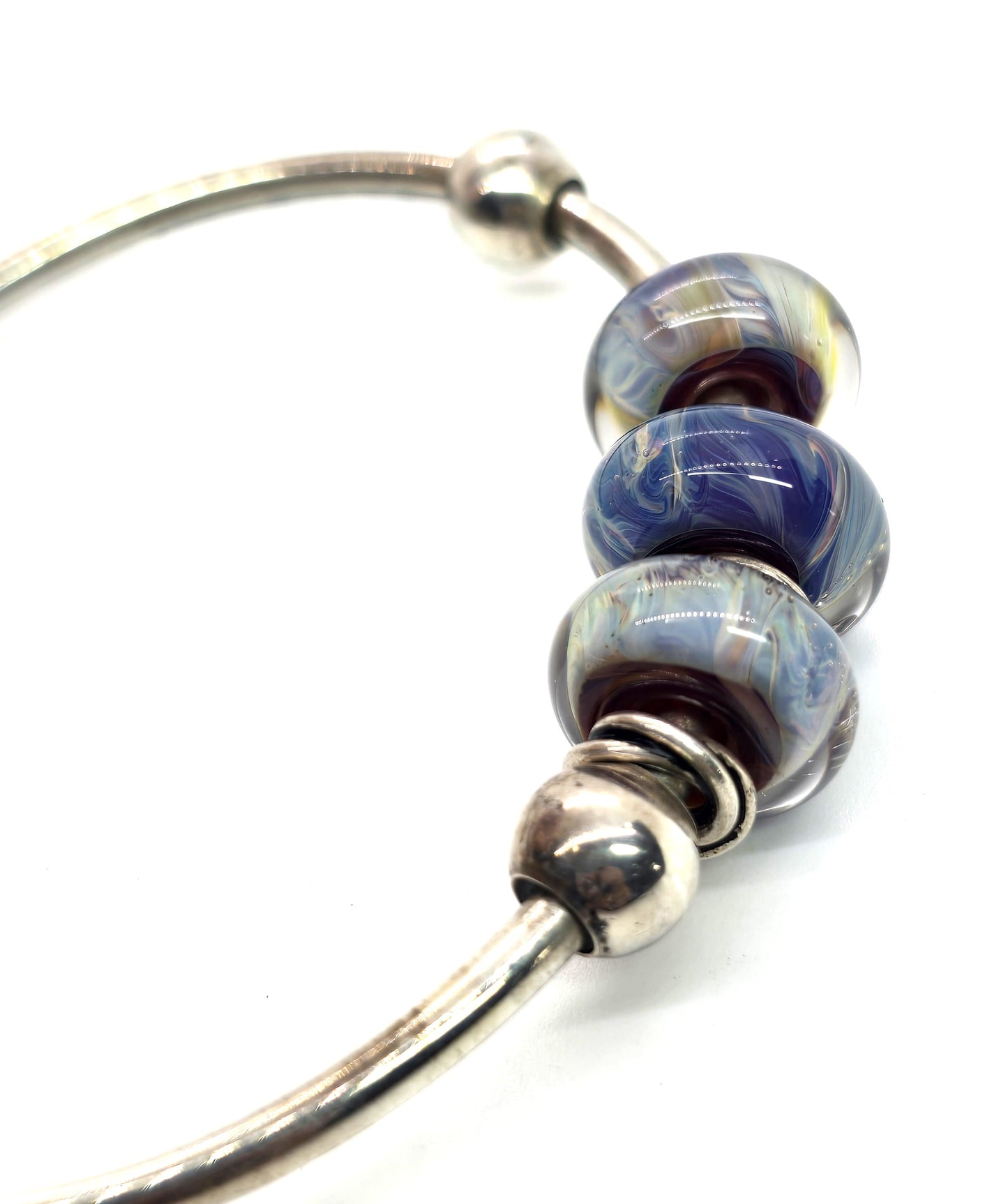 Blue artisan lamp work torsade beaded sterling silver bracelet