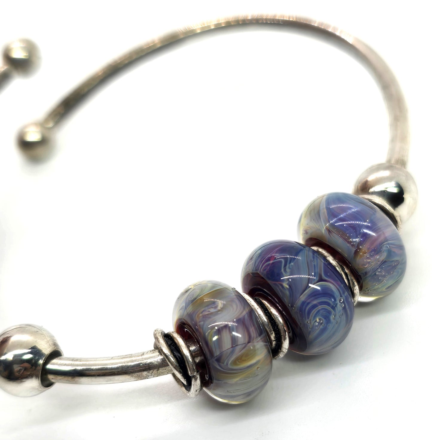 Blue artisan lamp work torsade beaded sterling silver bracelet
