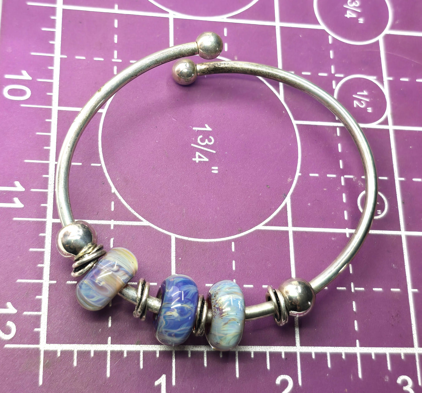 Blue artisan lamp work torsade beaded sterling silver bracelet