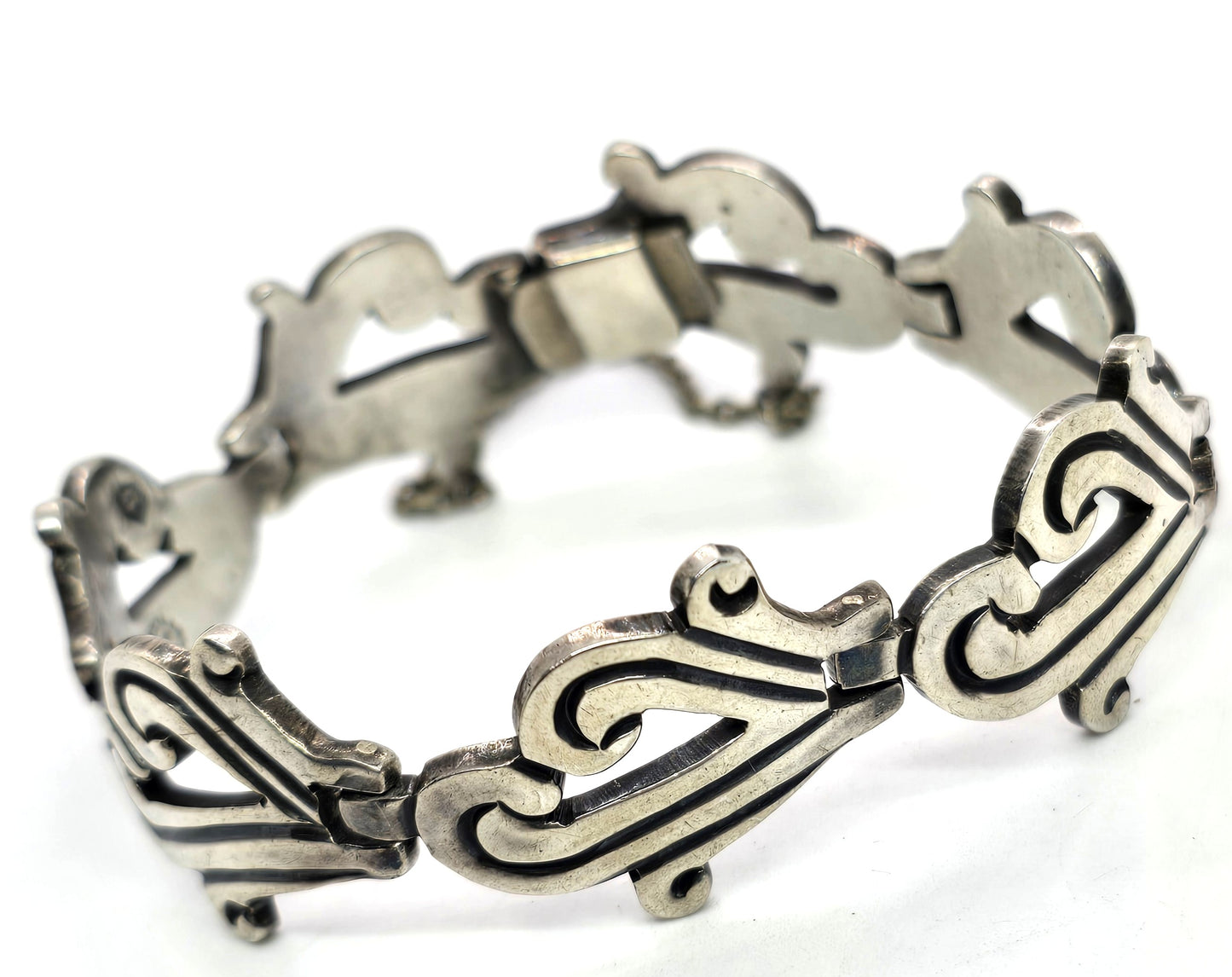 J Flores early Modernist signed vintage sterling silver Taxco Mexico bracelet
