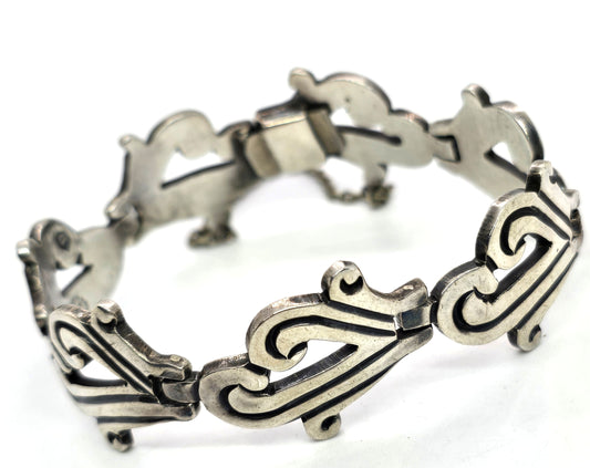 J Flores early Modernist signed vintage sterling silver Taxco Mexico bracelet