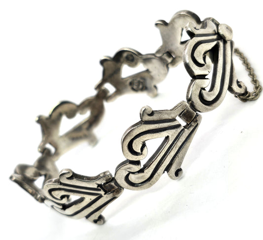 J Flores early Modernist signed vintage sterling silver Taxco Mexico bracelet