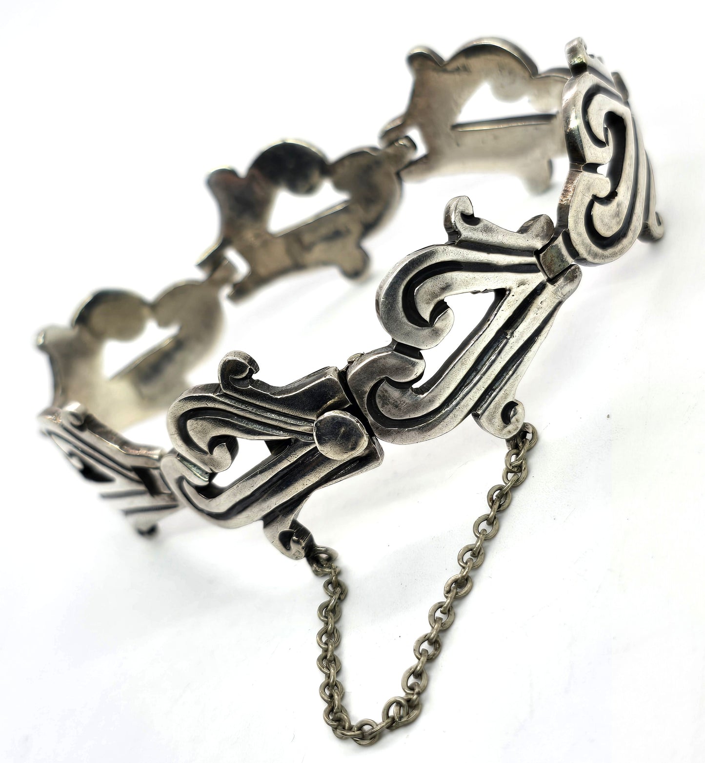 J Flores early Modernist signed vintage sterling silver Taxco Mexico bracelet