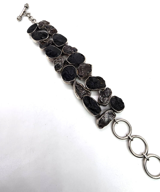Sikhote Alin meteorites Tektite Raw Meteorite glass sterling silver bezel set large bracelet