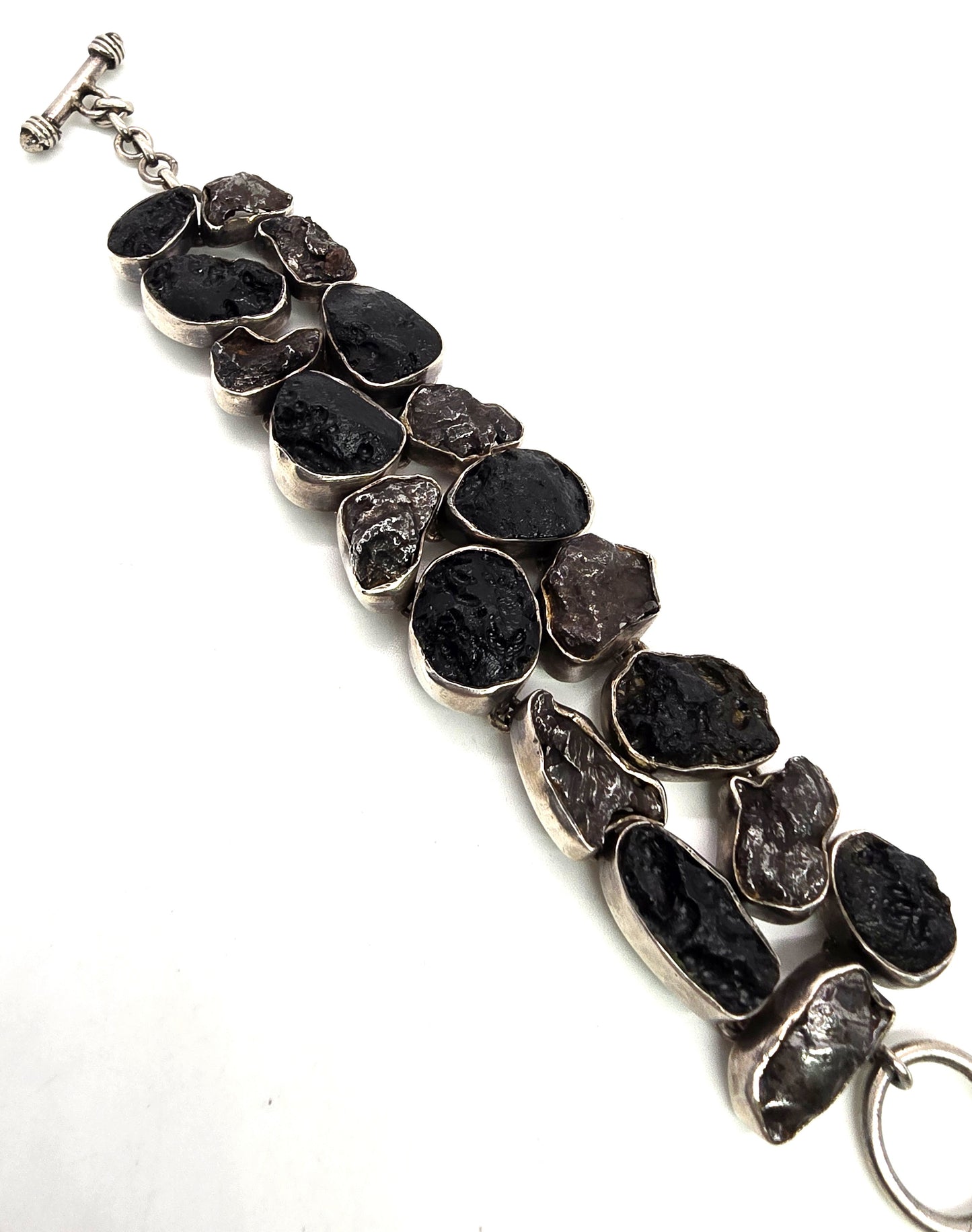 Sikhote Alin meteorites Tektite Raw Meteorite glass sterling silver bezel set large bracelet
