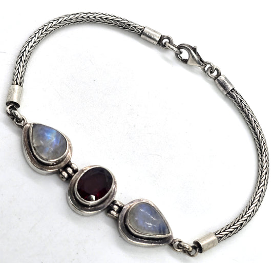 Moonstone and garnet Bali tribal sterling silver fishtail bracelet