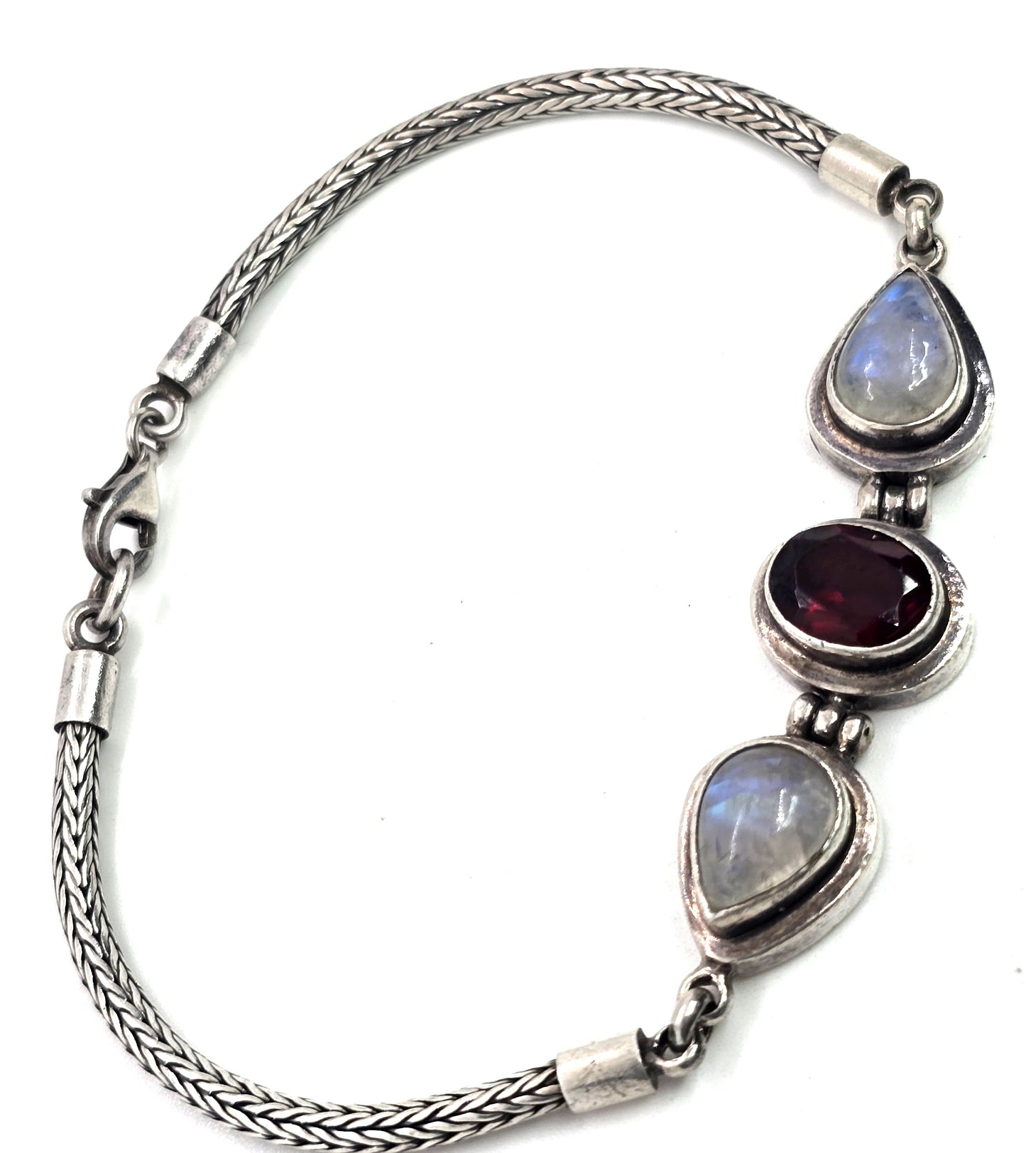 Moonstone and garnet Bali tribal sterling silver fishtail bracelet