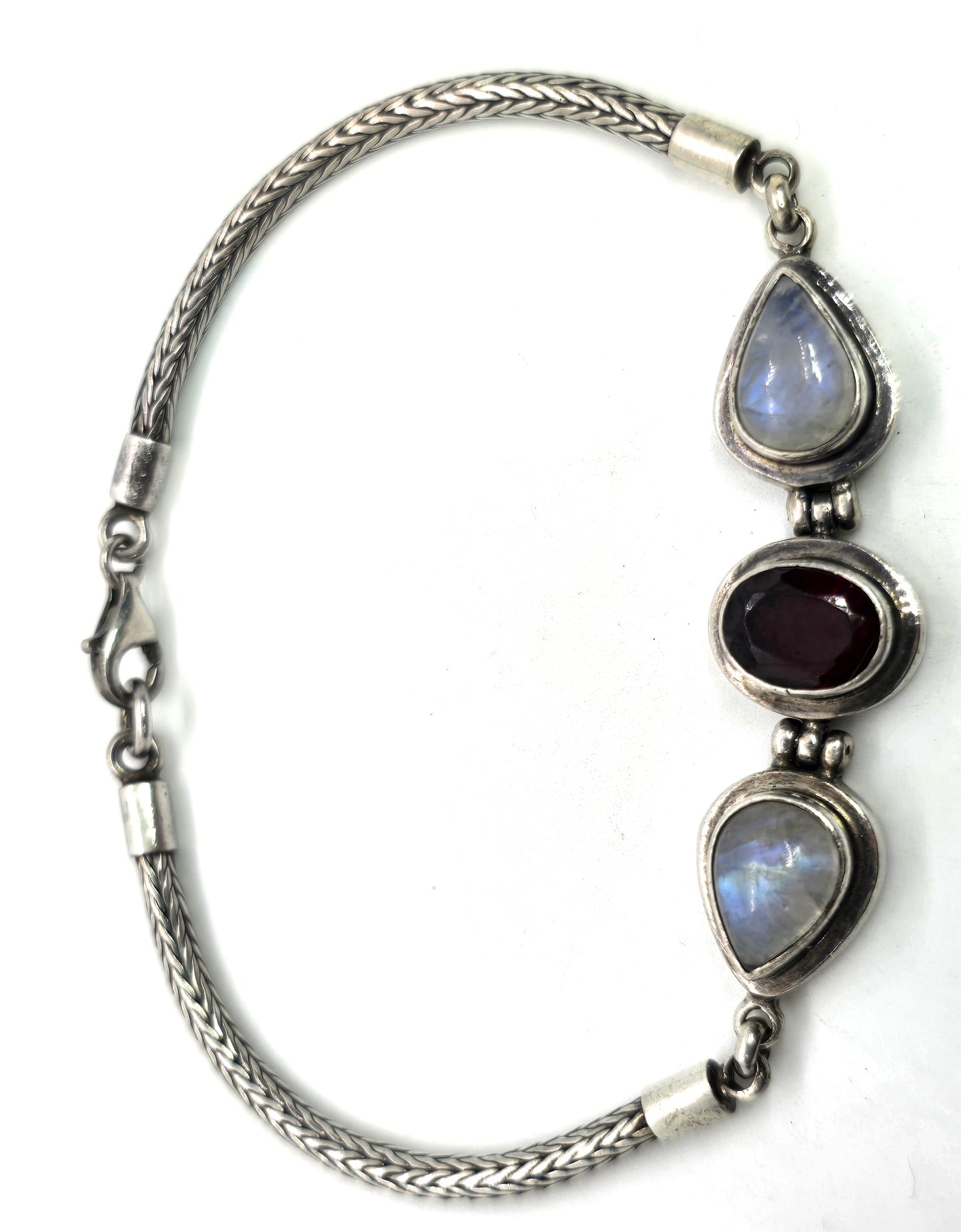 Moonstone and garnet Bali tribal sterling silver fishtail bracelet