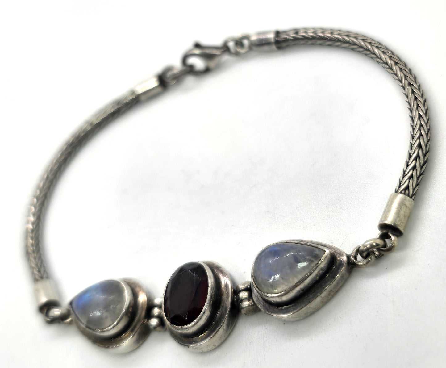 Moonstone and garnet Bali tribal sterling silver fishtail bracelet