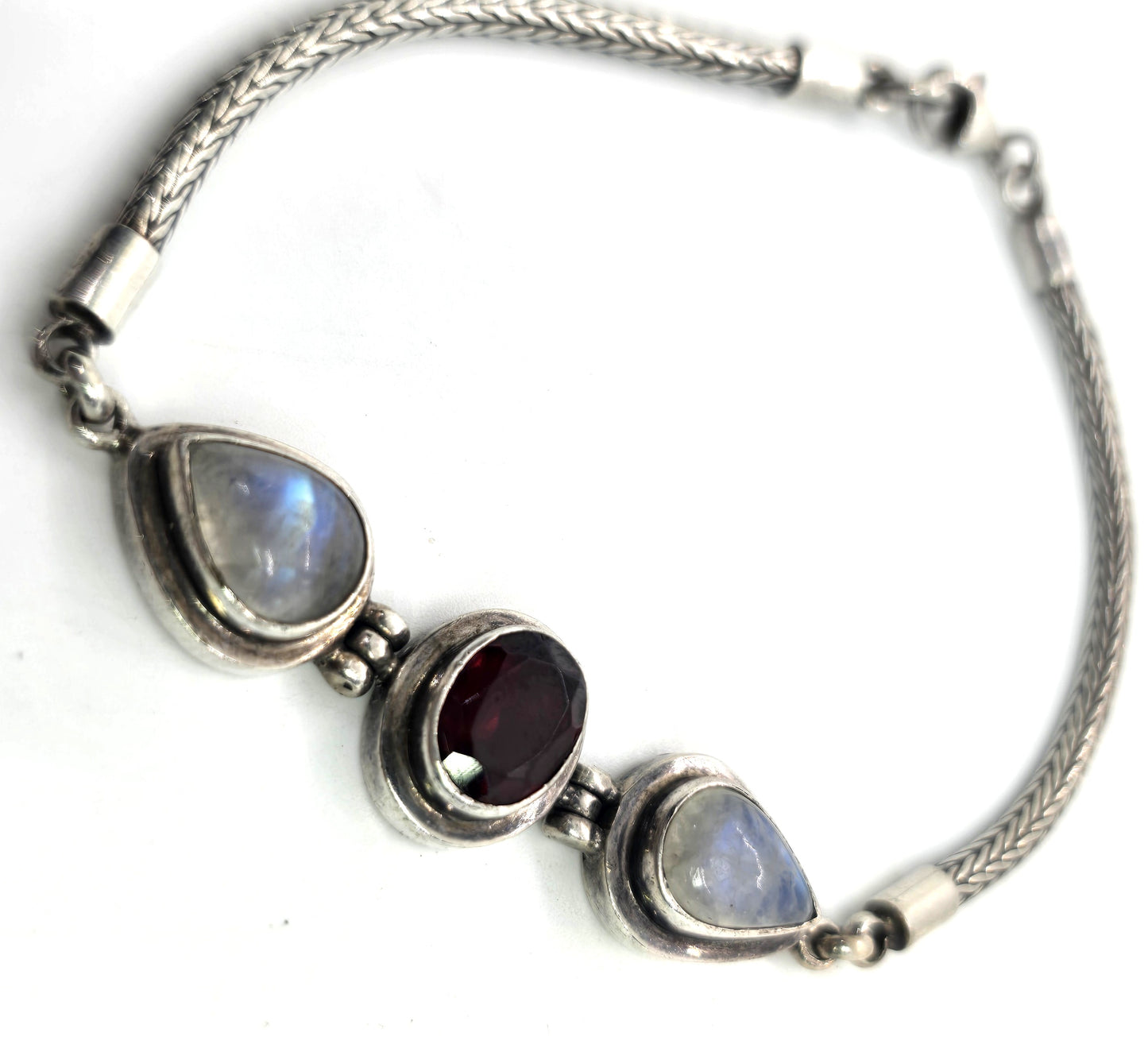 Moonstone and garnet Bali tribal sterling silver fishtail bracelet