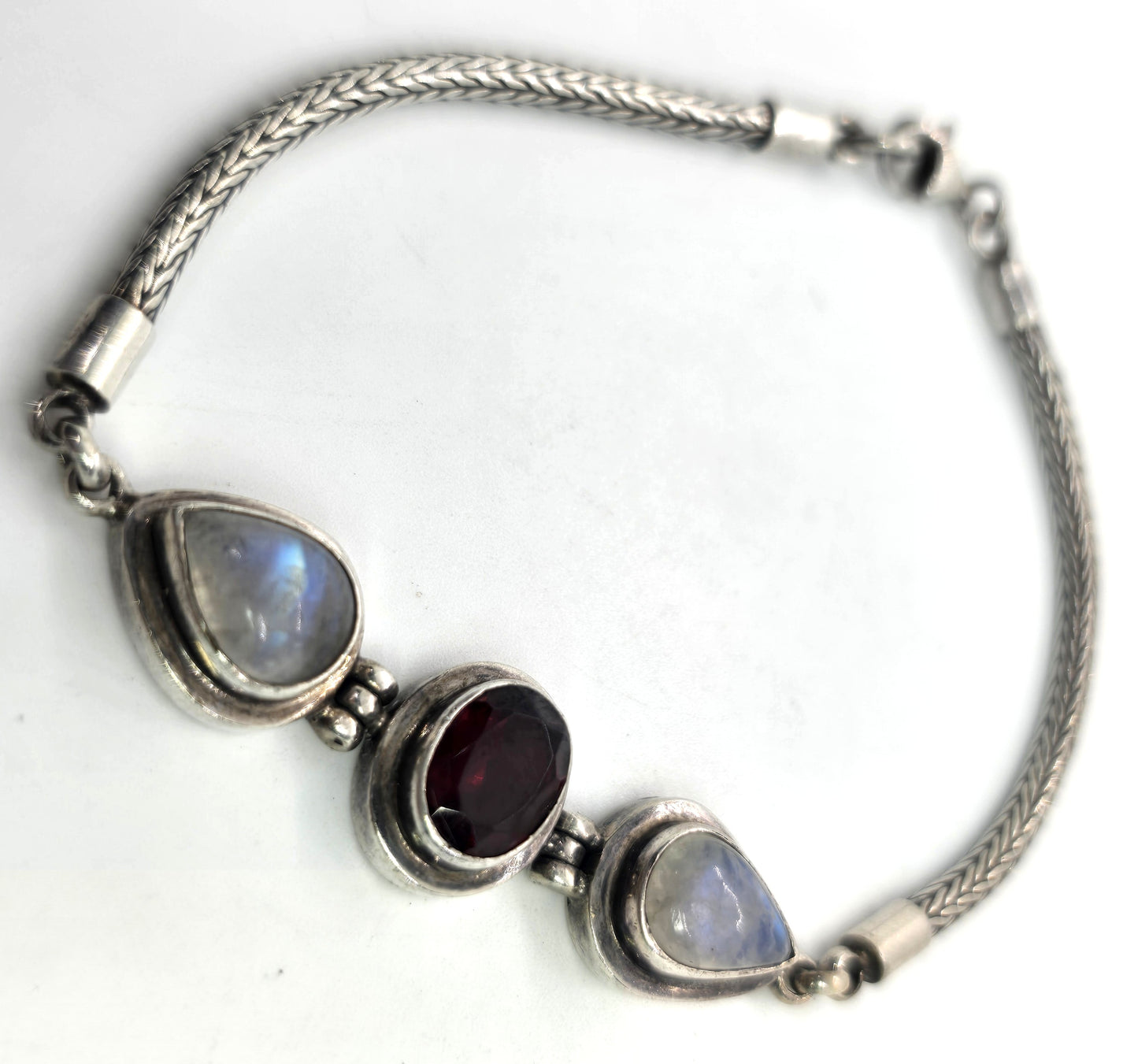 Moonstone and garnet Bali tribal sterling silver fishtail bracelet