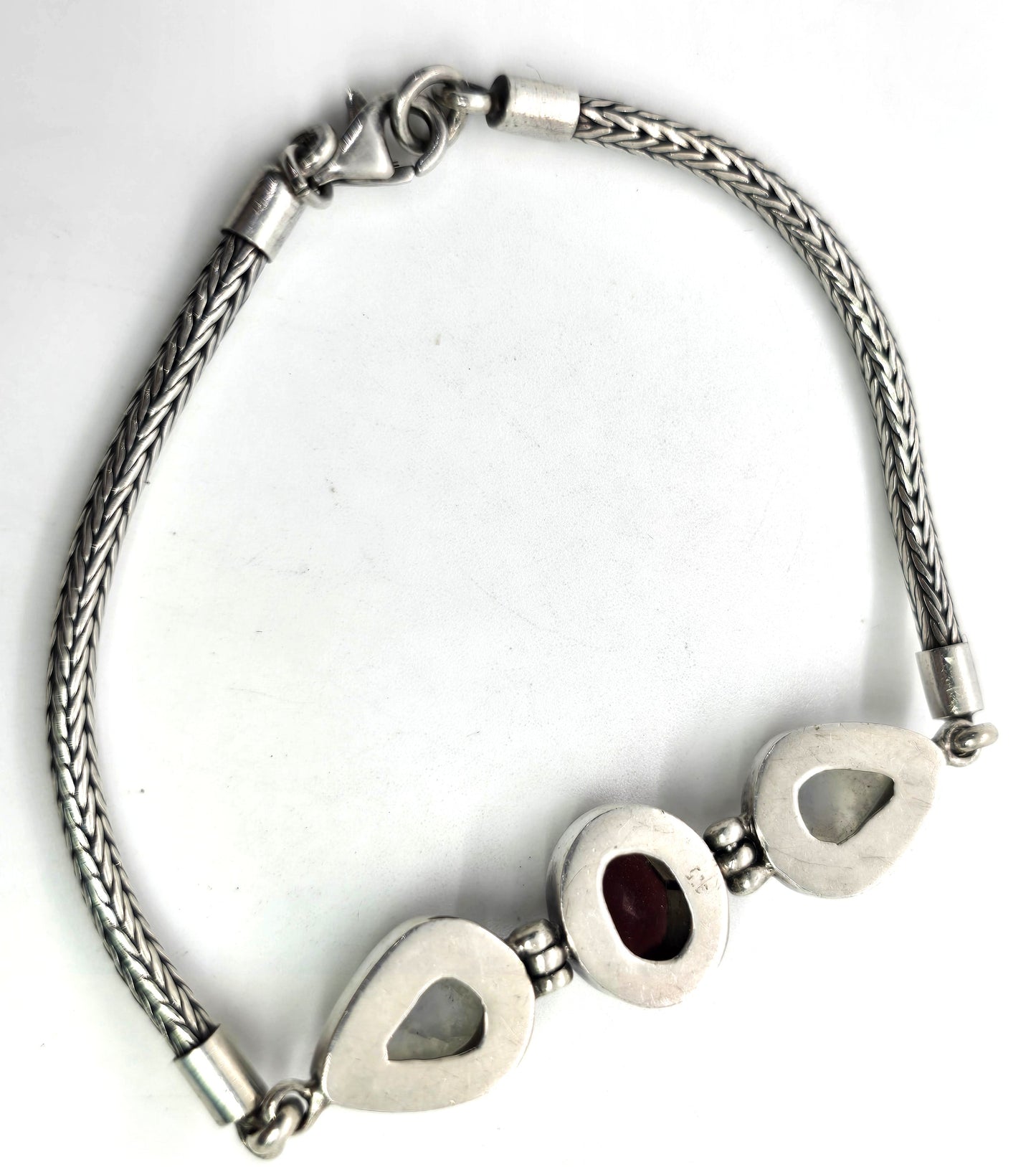 Moonstone and garnet Bali tribal sterling silver fishtail bracelet