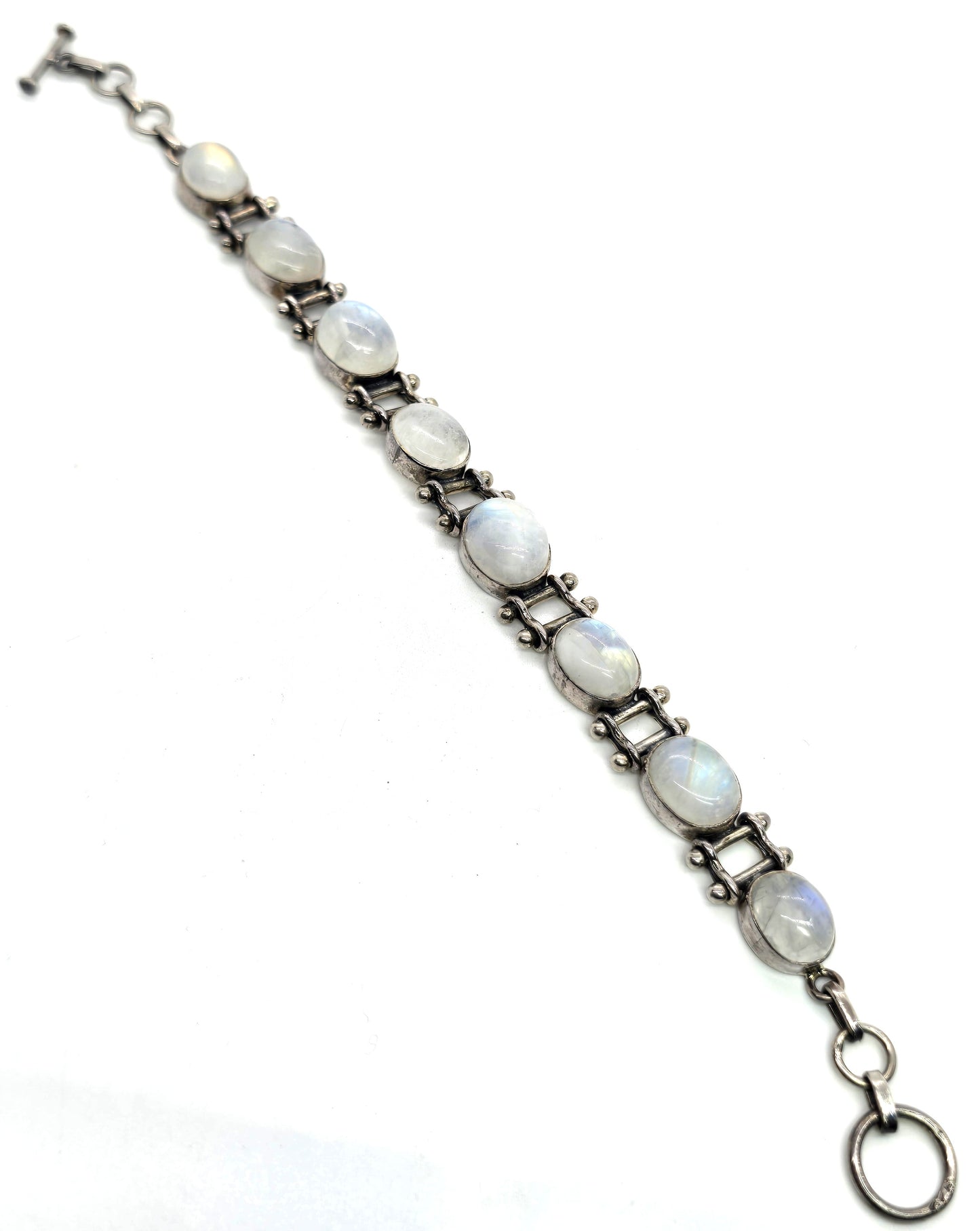 Rainbow Moonstone flashy gemstone articulated sterling silver toggle bracelet