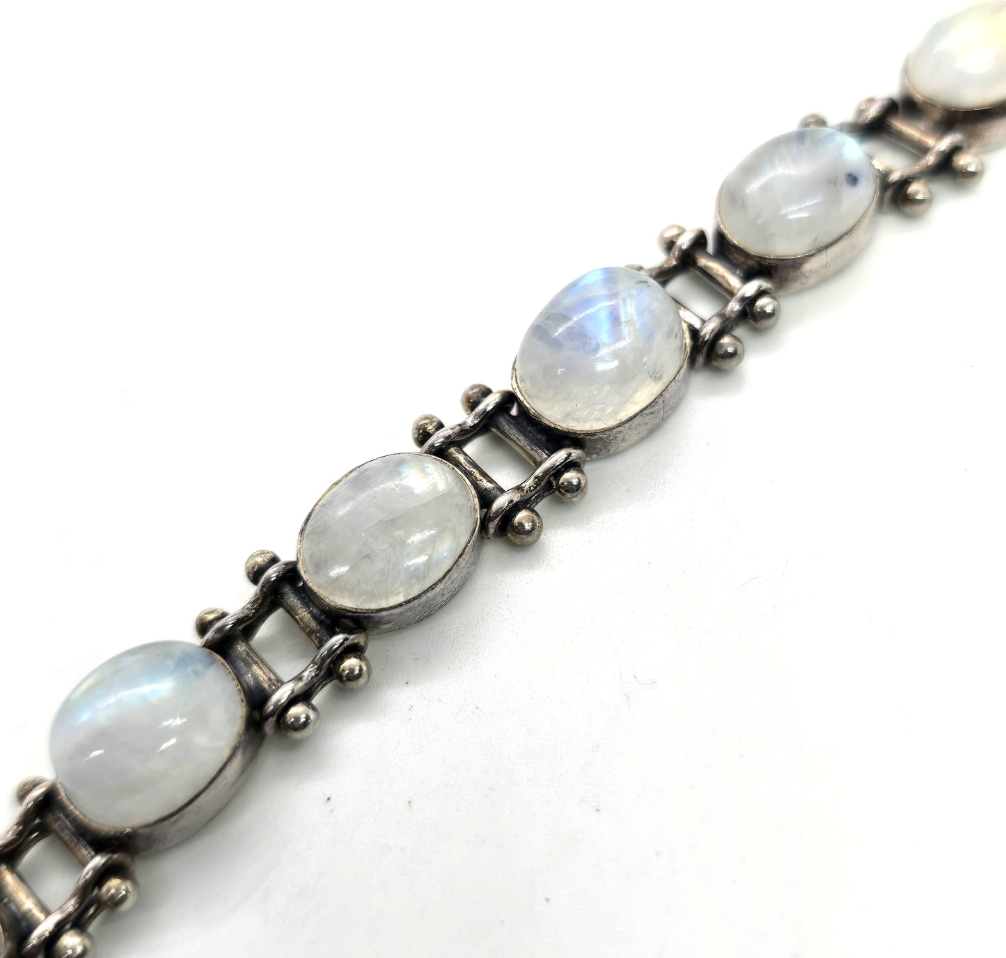 Rainbow Moonstone flashy gemstone articulated sterling silver toggle bracelet