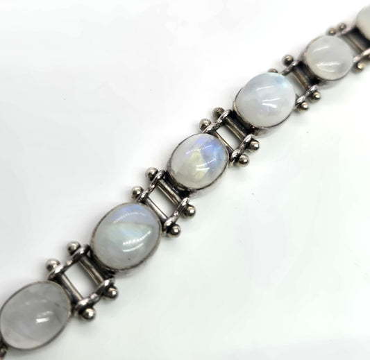 Rainbow Moonstone flashy gemstone articulated sterling silver toggle bracelet