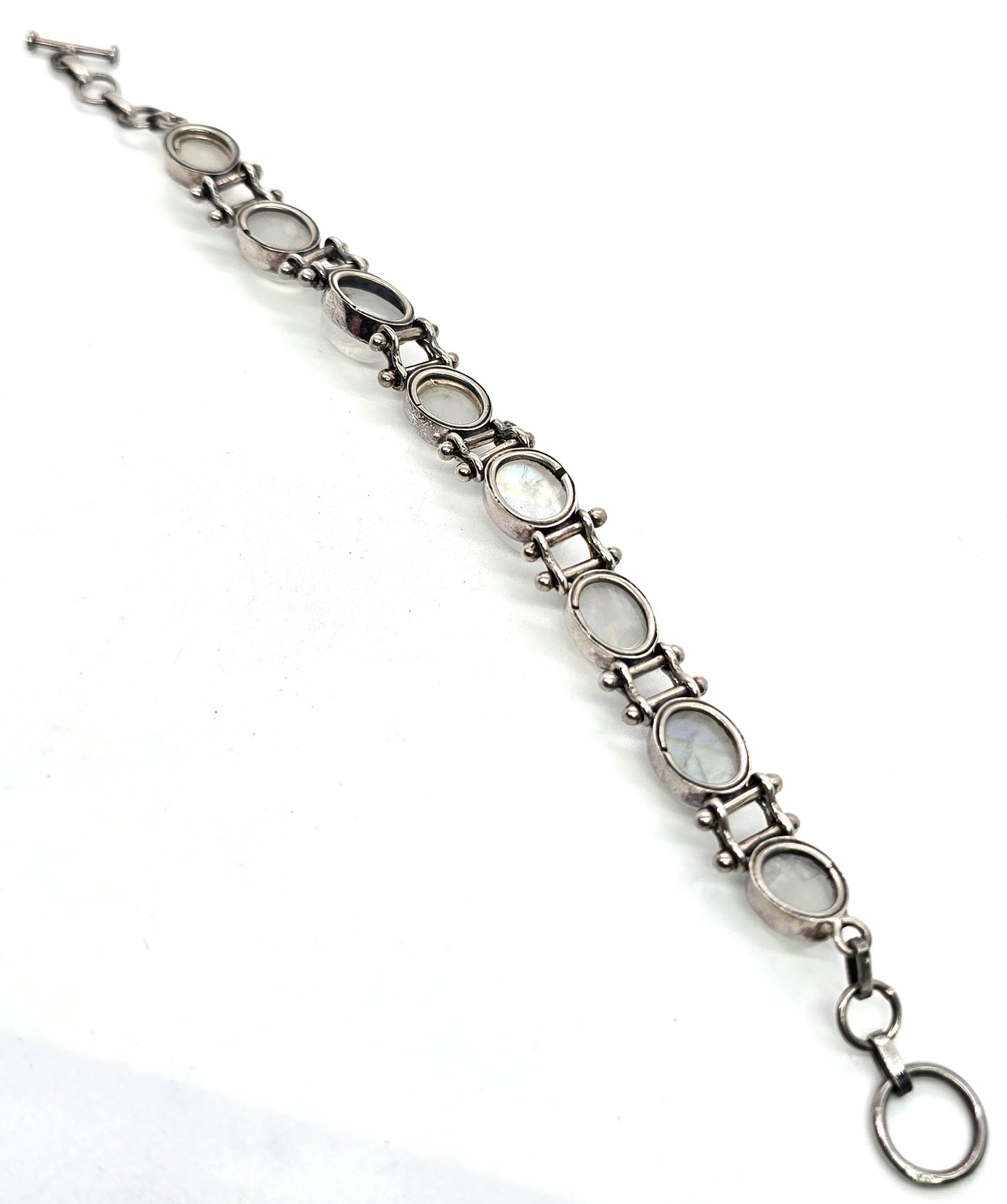 Rainbow Moonstone flashy gemstone articulated sterling silver toggle bracelet