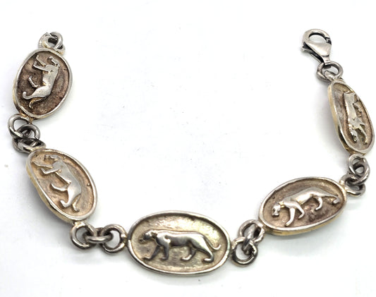 Panther big cat retro vintage panel sterling silver bracelet