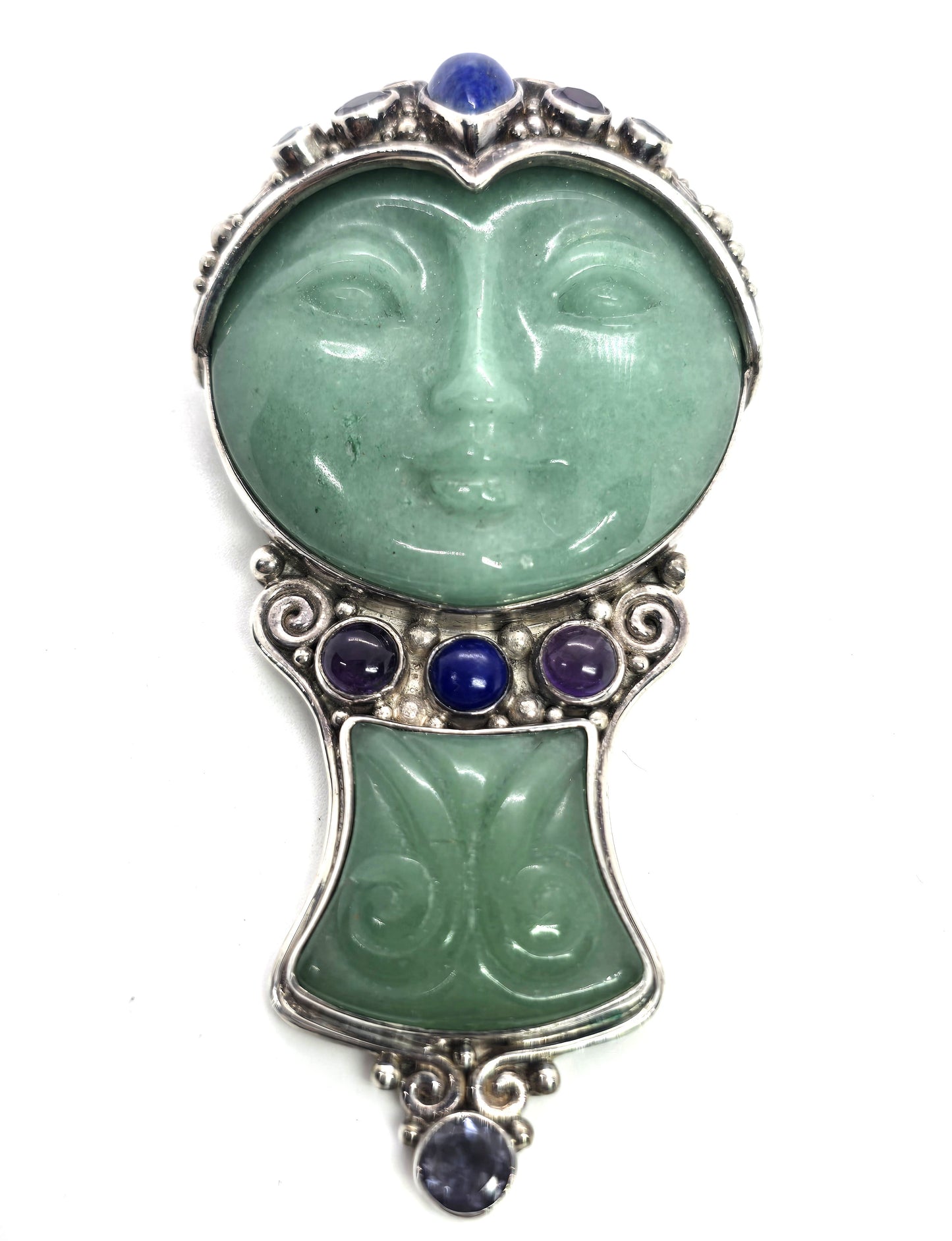 Sajen Green Jadeite Goddess multi gemstone signed pendant brooch