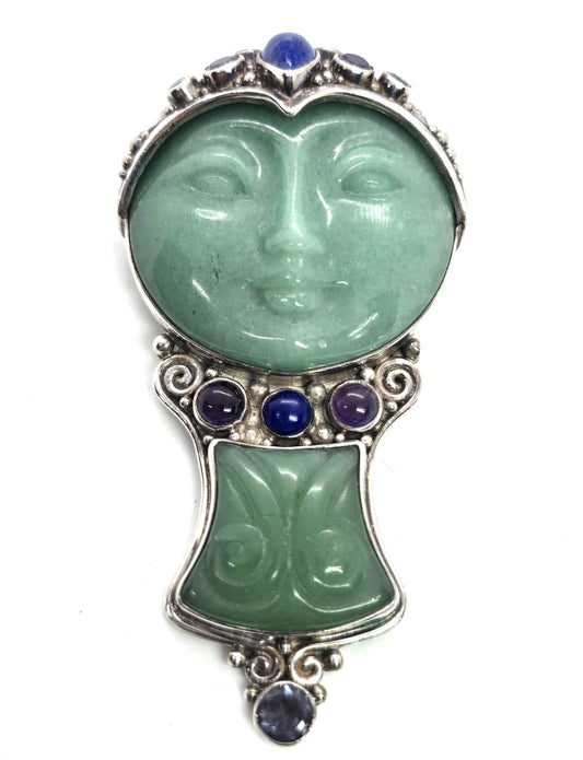 Sajen Green Jadeite Goddess multi gemstone signed pendant brooch