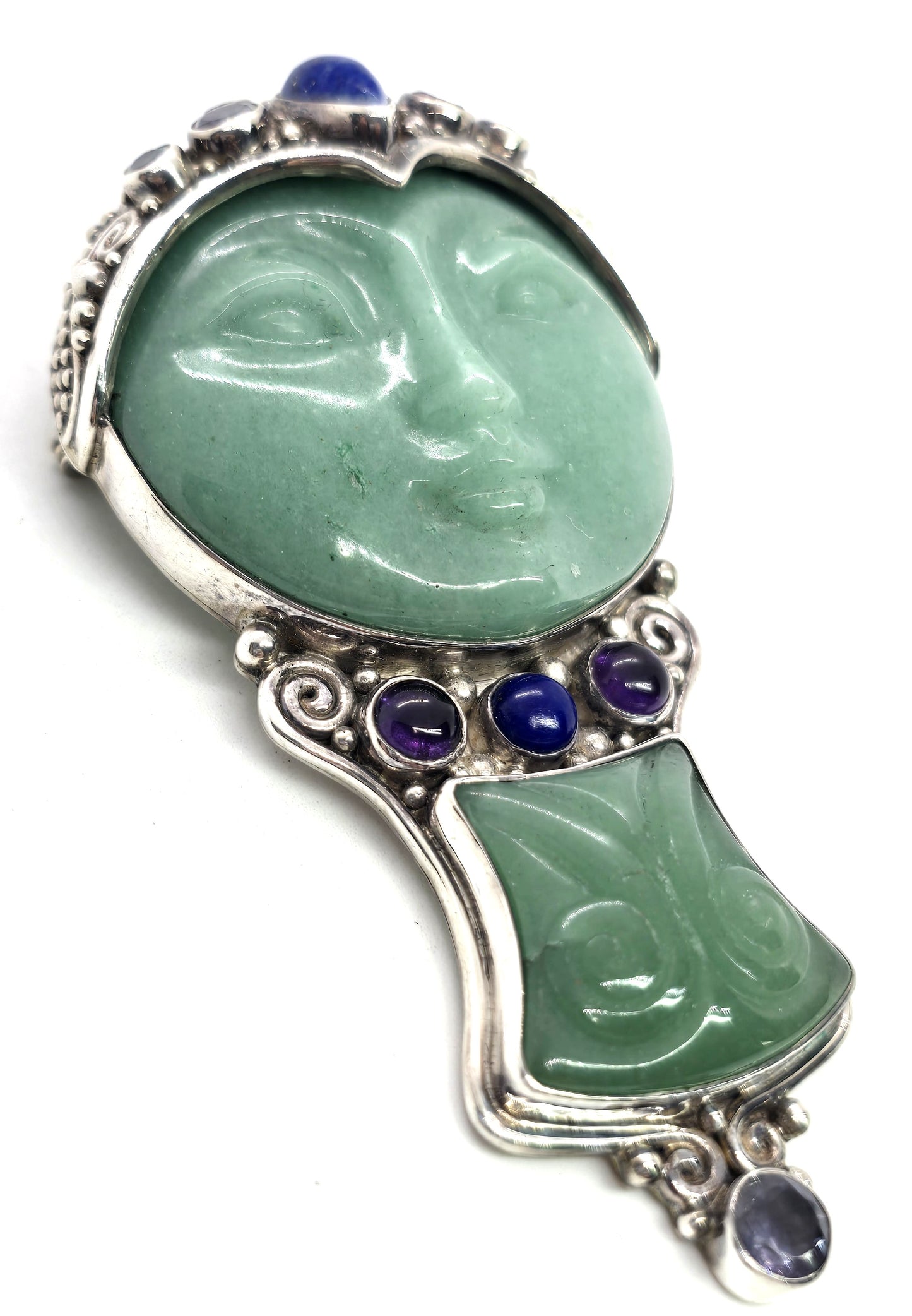 Sajen Green Jadeite Goddess multi gemstone signed pendant brooch