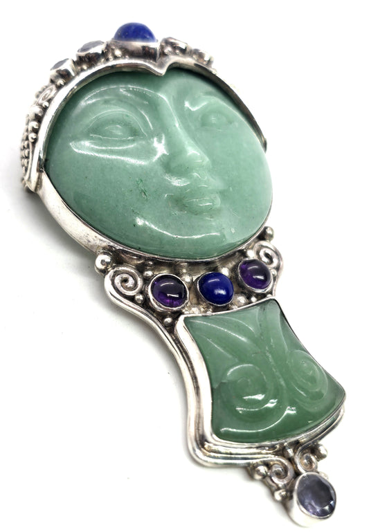 Sajen Green Jadeite Goddess multi gemstone signed pendant brooch