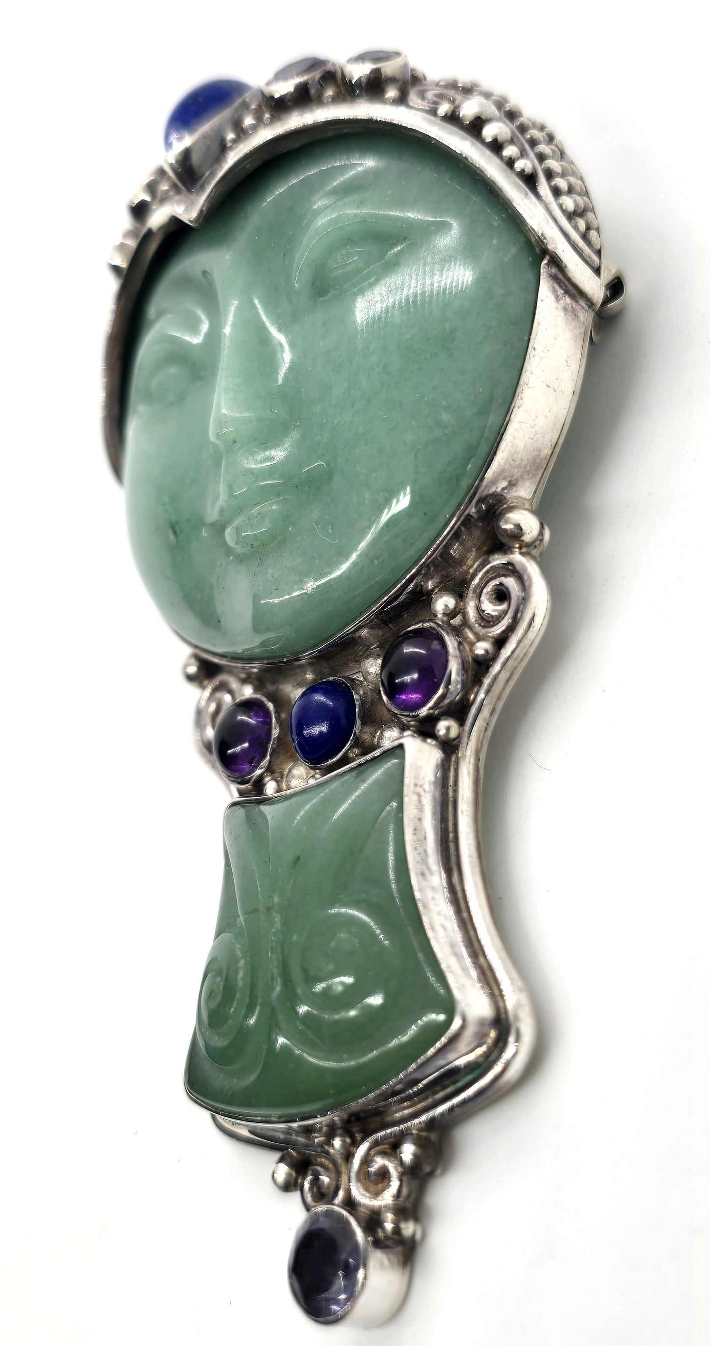 Sajen Green Jadeite Goddess multi gemstone signed pendant brooch