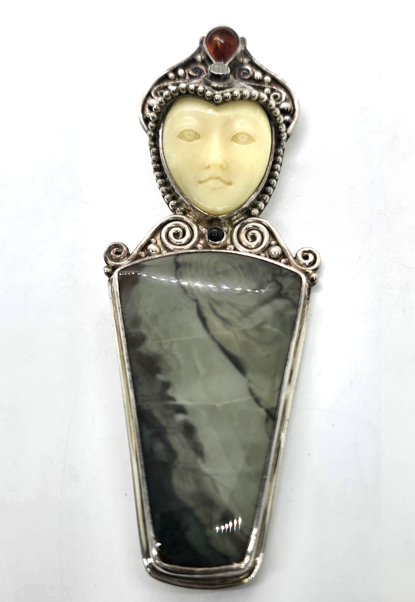 Sajen Green Jasper Goddess multi gemstone signed pendant brooch