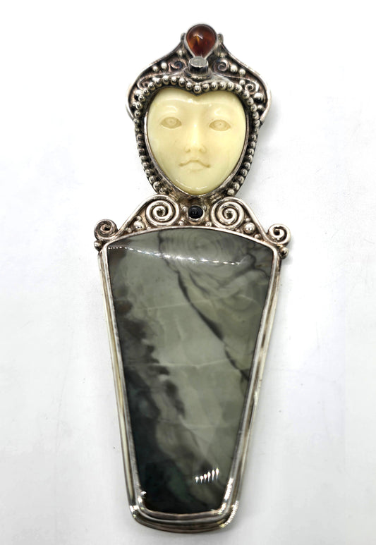 Sajen Green Jasper Goddess multi gemstone signed pendant brooch