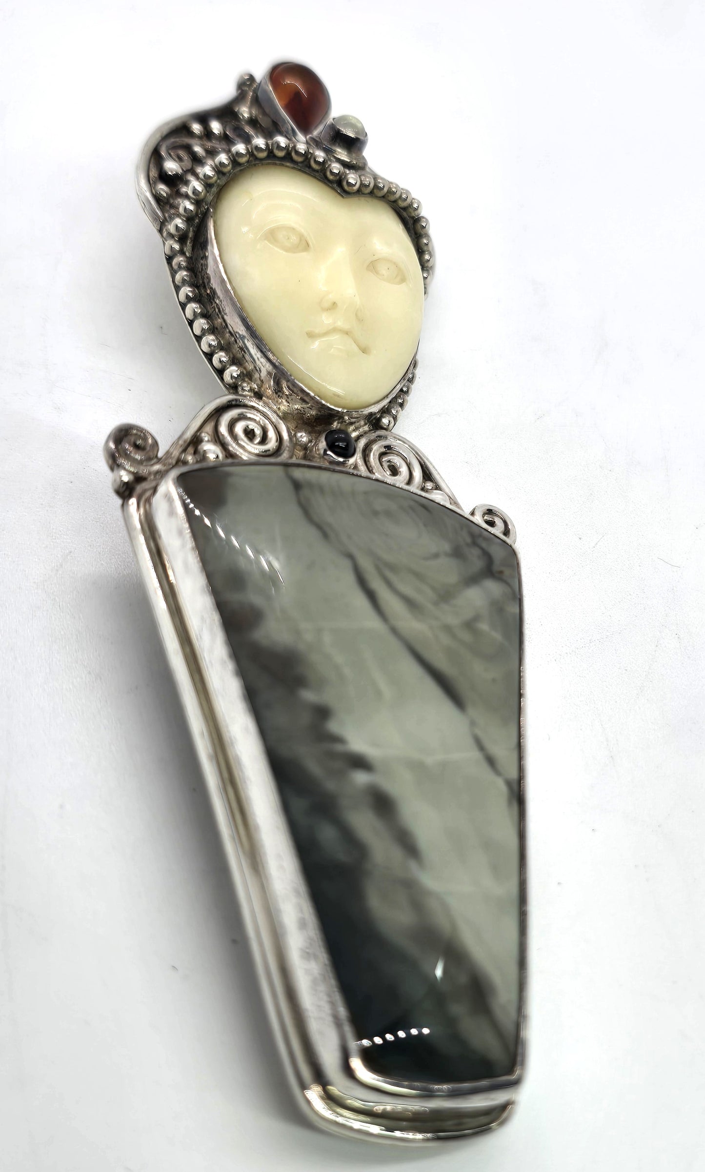 Sajen Green Jasper Goddess multi gemstone signed pendant brooch
