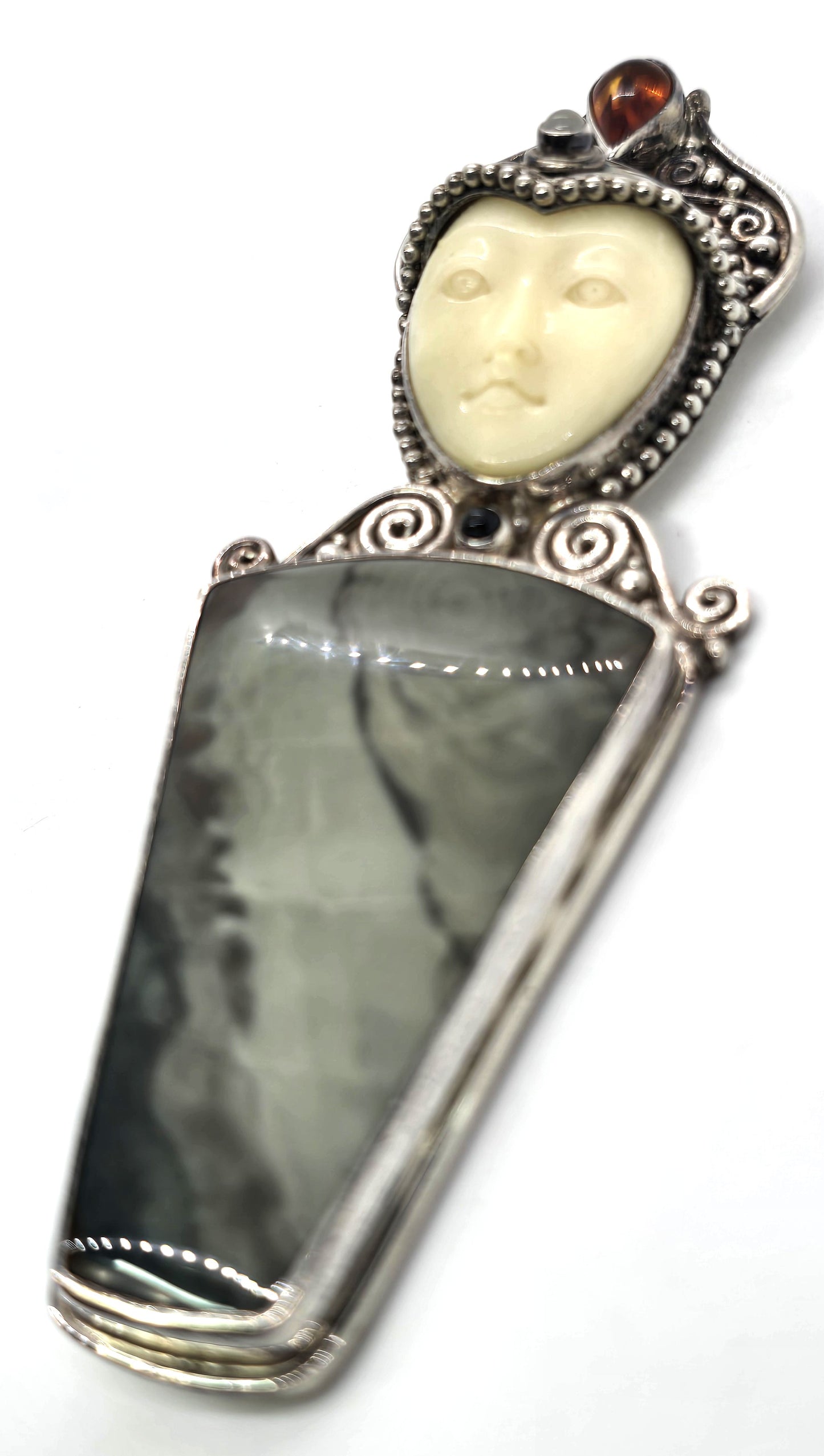 Sajen Green Jasper Goddess multi gemstone signed pendant brooch
