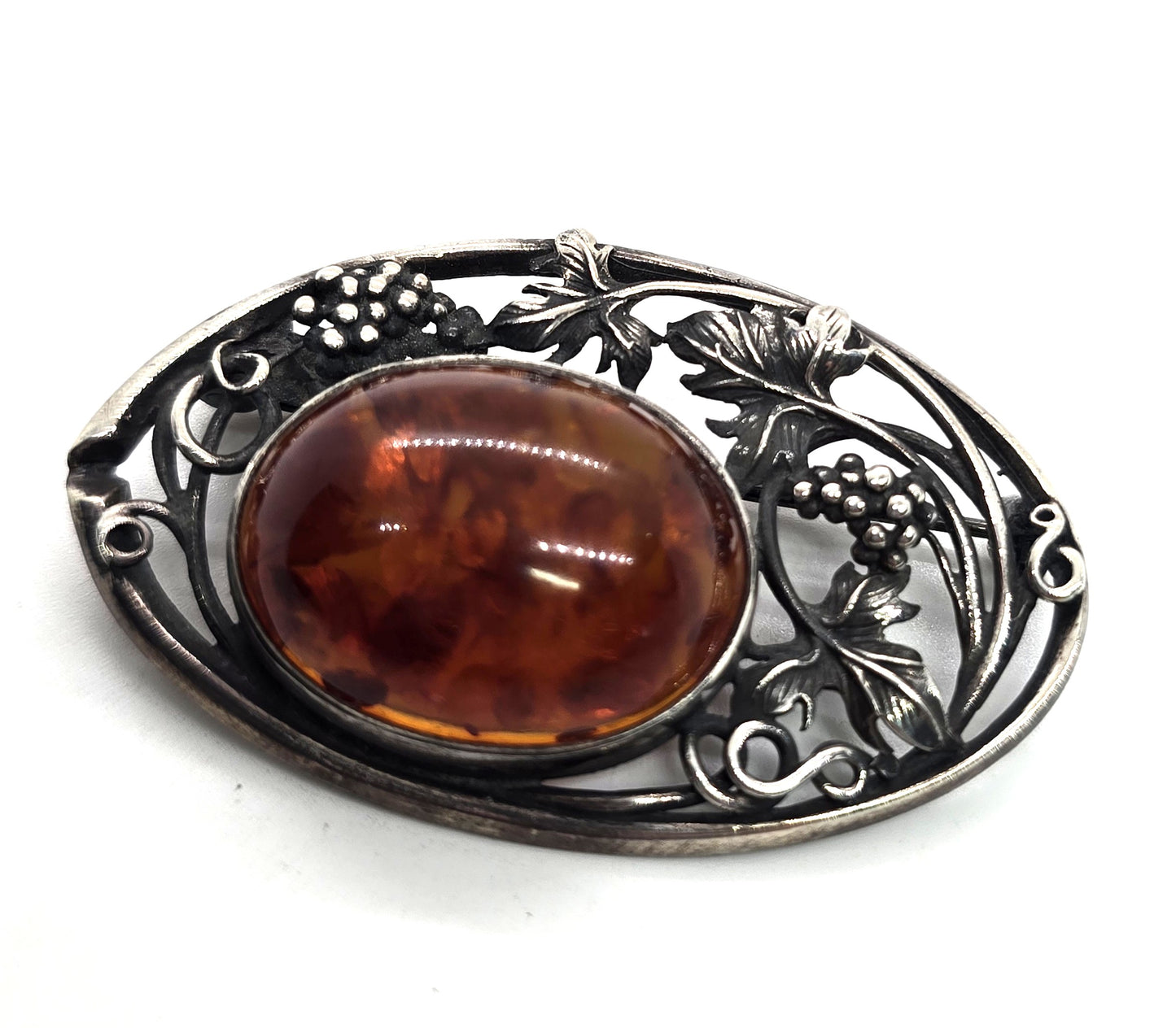 Baltic amber vintage grape leaf large sterling silver brooch