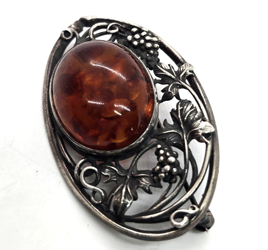 Baltic amber vintage grape leaf large sterling silver brooch