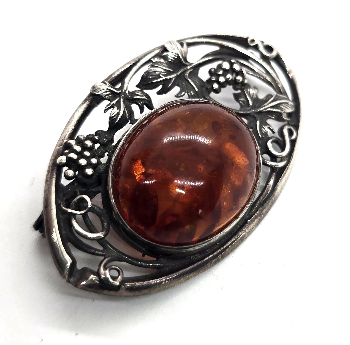 Baltic amber vintage grape leaf large sterling silver brooch