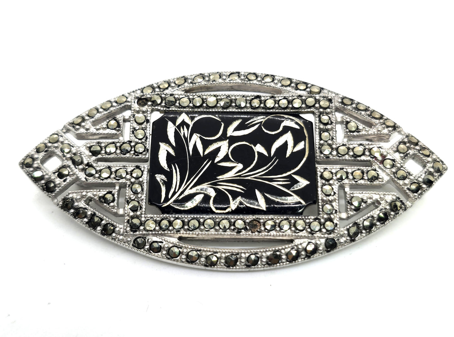 Art Deco Sterling silver & Marcasite Etched Damascene antique pin brooch