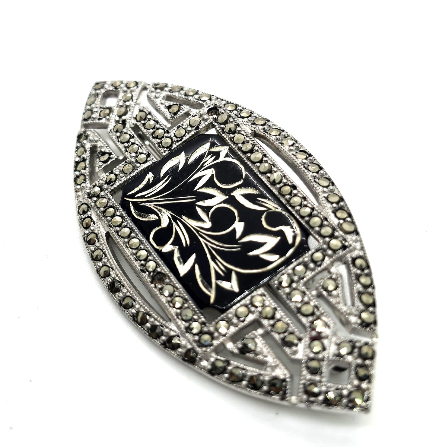 Art Deco Sterling silver & Marcasite Etched Damascene antique pin brooch