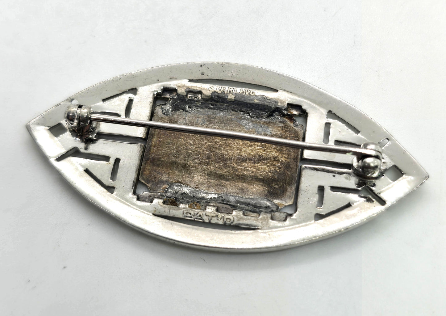 Art Deco Sterling silver & Marcasite Etched Damascene antique pin brooch