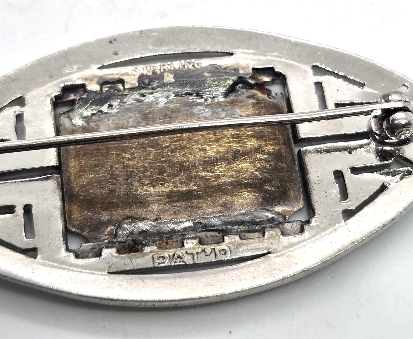Art Deco Sterling silver & Marcasite Etched Damascene antique pin brooch