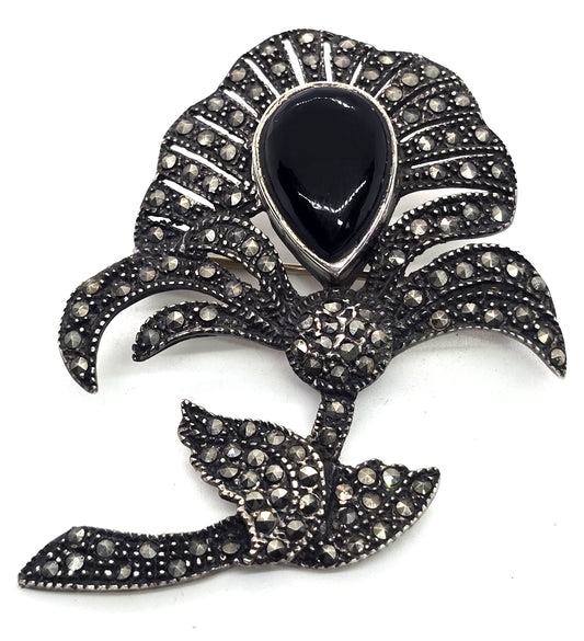 Black Onyx Marcasite sterling silver flower vintage brooch