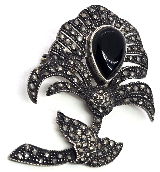 Black Onyx Marcasite sterling silver flower vintage brooch